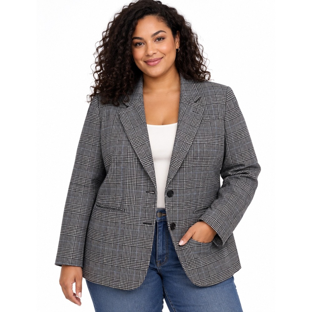 Uniqlo Ines De La Fressange Paris Wool Blend Glen Plaid Blazer XXL Grey Blue